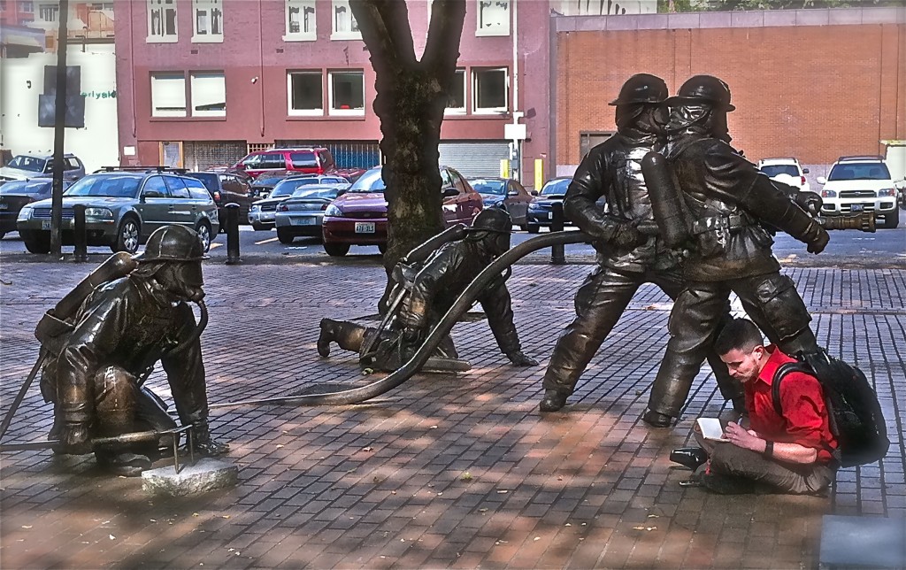 pedestrians mingling with memories